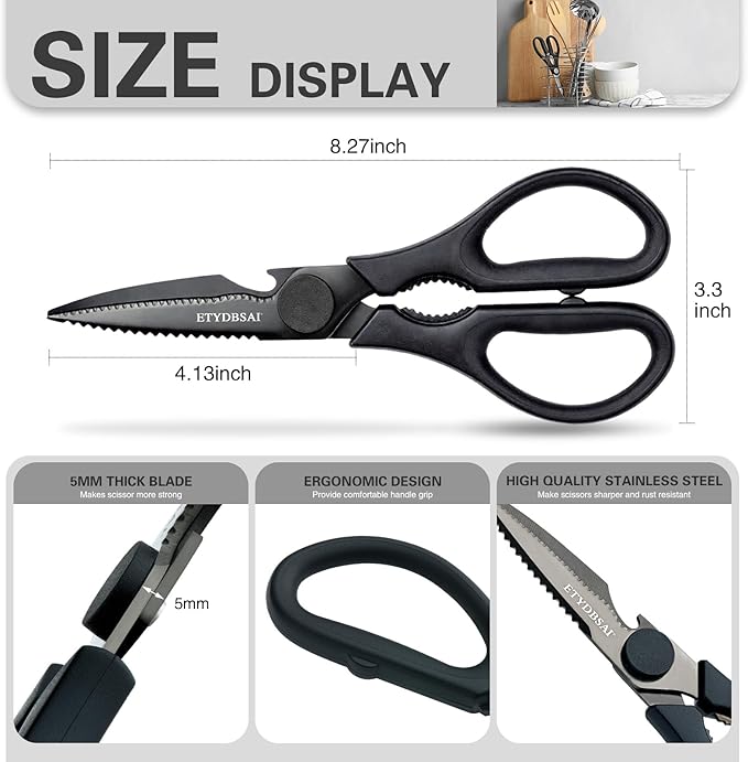 Kitchen Scissors All Purpose for Food, Heavy Duty Kitchen Shears that Come Apart, Sharp Stainless Steel Poultry Shears, Cooking Meat Scissors with Good Grips,Titanium Plated Black