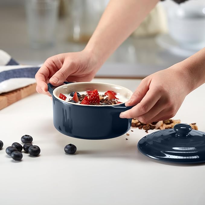 Kook Ceramic Mini Cocotte Set, Small Casserole Dishes with Lids and Handles, Individual Baking Ramekins, Oven safe 350F, Microwave & Dishwasher Safe, Stoneware, 12 oz, Set of 4, (Navy)