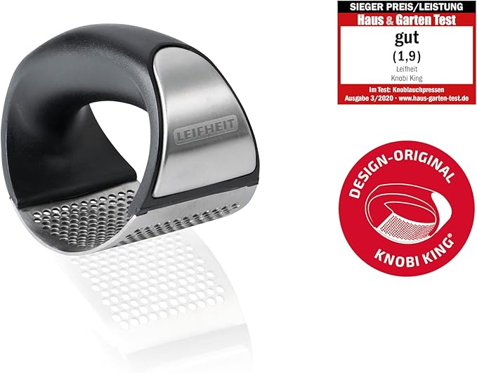 Leifheit Garlic-King Proline Garlic Press, Precision Cutting Garlic Mincer with Crush-Free Design, Ergonomic Easy-Press Handle, Dishwasher Safe Tool for Flavorful Garlic Prep, Black/Silver