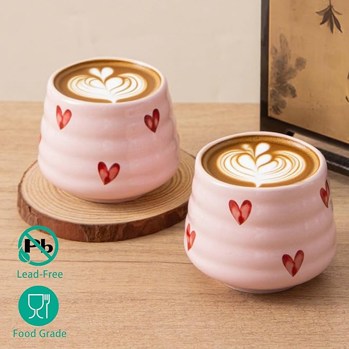 4pcs Japanese Tea Cup Set – 160ml 5.4OZ Ceramic Matcha Cup, Small Handless Espresso Cups, Cute Coffee Mugs for Girls (Pink Love)