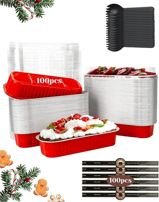 100 Pack Mini Loaf Pans with Lids and Spoons Sealing Sticker, 6.8oz Aluminum Foil Mini Cake Pans for Baking, Disposable Small Mothers Day Bread Pans with Lids – Valentines Tins CupCake, Red