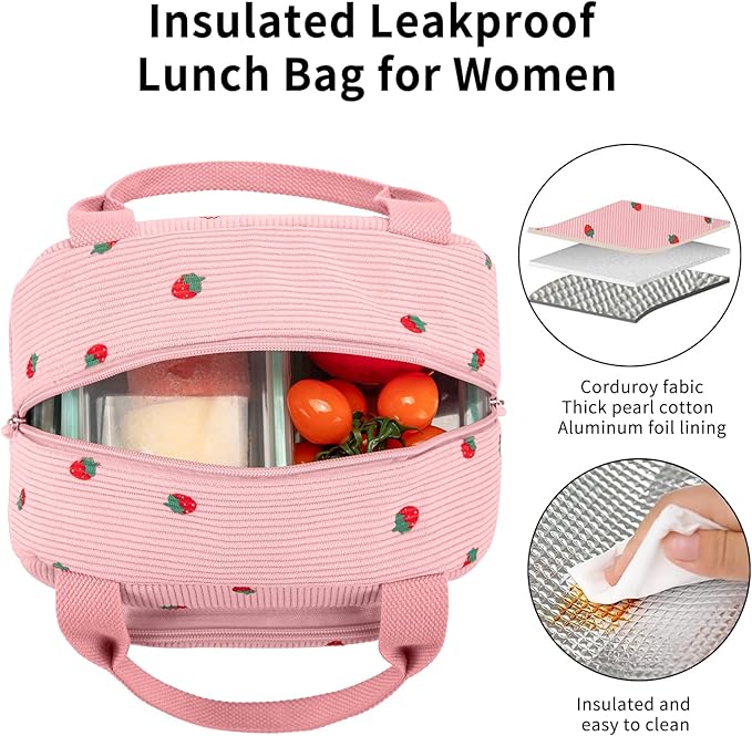 Lunch Bag Women Lunch Box for Women Adult Cute Insulated Lunch Bag Small Cooler Lunch Tote Bags for Work Picnic Travel (Pink-Strawberry)