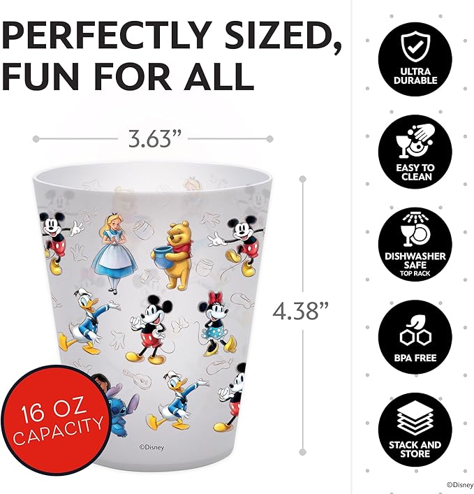 Disney Reusable Plastic Cups – 4 Pack 16 oz Plastic Drinking Glasses with Mickey, Stitch, Pooh, or Disney100 Designs – BPA-Free, Stackable, Top Rack Dishwasher Safe Tumblers for Water, Juice & More