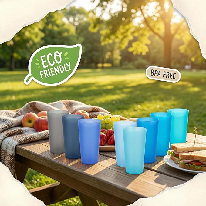 32-oz Unbreakable Drinking Cups - Reusable Large Plastic Tumblers set of 12, BPA Free Dishwasher Safe in 4 Assorted Colors for Indoor Outdoor Use