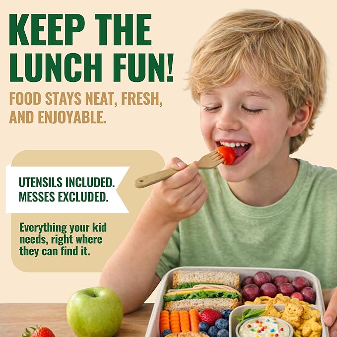 Lunch Box for Kids, Large 2-Compartment, Durable and Microwave Safe, BPA-Free with Utensils, Wheat Straw Snack Containers for Kids – Beige