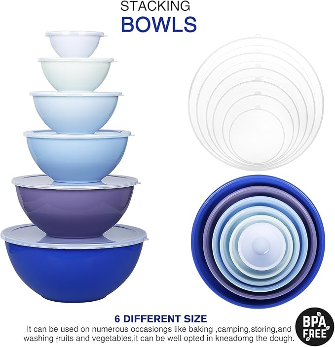 Plastic Mixing Bowls with Lids Set for Kitchen, Nesting Bowls for Mixing, Baking, Prepping, Cooking and Serving Food, Mixing Bowls Dishwasher, Microwave Safe (Dark blue)