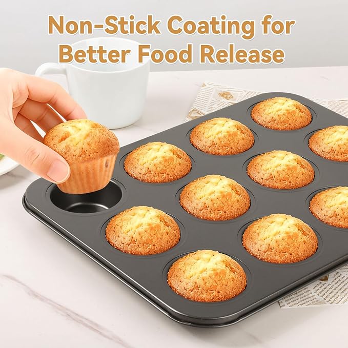 2 Pack Muffin Pan Set,12 Cup Nonstick Carbon Steel Cupcake Pan with 100 Liners,Standard Muffin Tin for Cupcakes and Baking Supplies