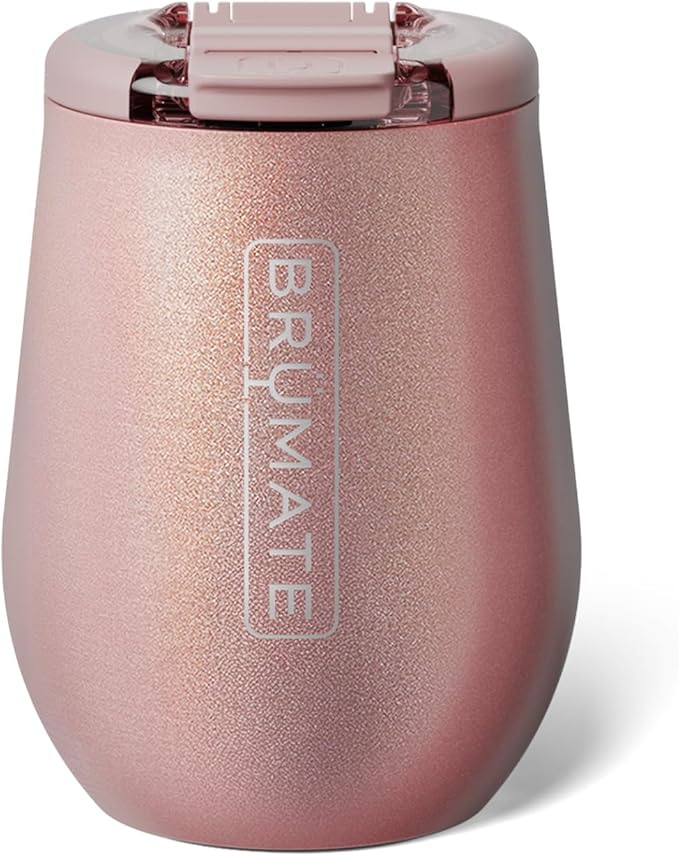 BrüMate Uncork'd 14oz 100% Leakproof Insulated Wine Tumbler | Locking Lid | Insulated Stainless Steel Wine Glass | Perfect For Travel & Outdoors | BPA-Free (Glitter Rose Gold)