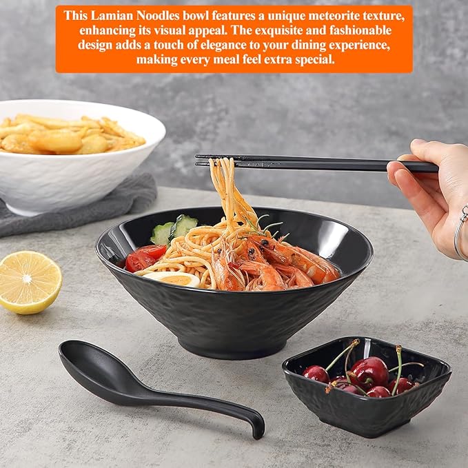 Kyraton Ramen Bowl Set 40oz with Chopsticks Dipping Bowls and Spoons: 2 large Unbreakable Japanese Style Plastic Noodle Soup Bowls for Asian Pho Soup Thai Miso Udon Wonton (Black, White)