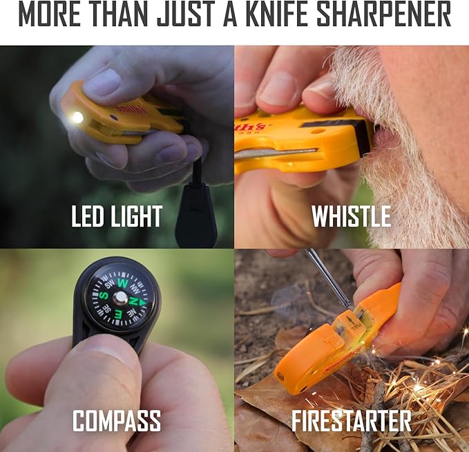Smith’s 50364 Pocket Pal X2 Sharpener & Outdoors Tool – Yellow – Coarse and Fine – LED Light – Fire Starter – Signal Whistle - Compass