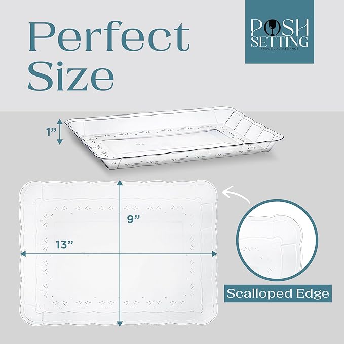 Posh Setting Clear Serving Trays Disposable - Plastic Platters - Plastic Platters and Trays for Party- Clear, Gold & Black, White Serving Dishes, 9x13, 4 Pack