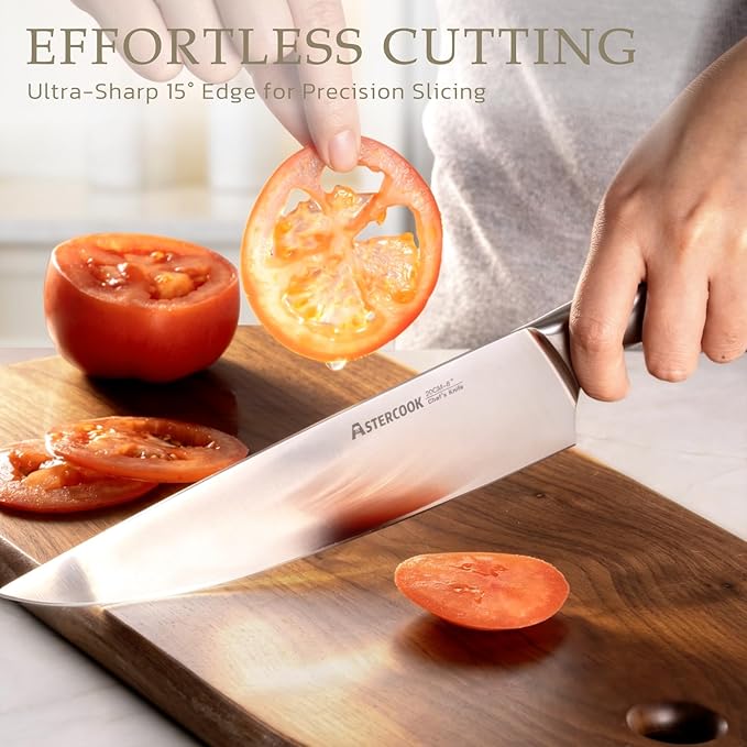 Astercook Knife Set, Kitchen Knives Set with Block and Sharpener Full Tang 15 Pcs Premium Stainless Steel Knives, Dishwasher Safe Knife Set with Anti-slip Ergonomic Handle, Walnut
