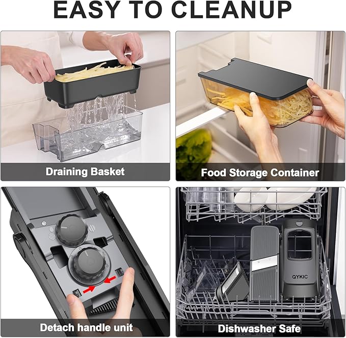 2026 Upgrade Safe Mandoline Slicer S4, Vegetable Chopper, Potato Slicer with Drain Basket Storage Container, Cheese Grater Kitchen Mandolin for Meal Prep (DeepBlack)
