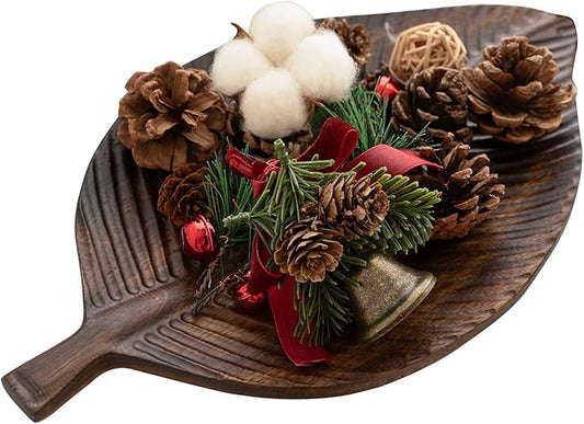 Acacia Wood Leaf Design Serving Tray - Decorative Wooden Platter for Charcuterie, Cheese, Fruit, Kitchen Table Decor