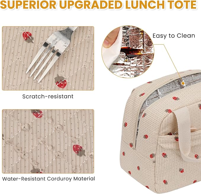 Insulated Lunch Bag for Women, Portable Lightweight Lunch Box for Adults, Reusable Lunch Tote Cooler Bags with Front Zipper Pocket for Work School Picnic,Corduroy Strawberry,Large