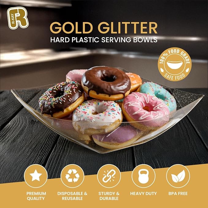 R-kay 6 Pack Extra Large Gold Glitter Serving Bowl - 128 Ounce Gold Plastic Serving Bowls For Entertaining - Plastic Bowls For Salads And Snacks - Disposable bowls For All Occasions