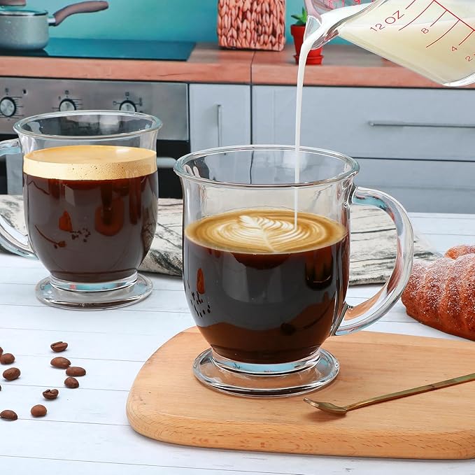 Set of 4 Clear Glass Coffee Mugs,16 OZ Large Clear Glass Beer Cups with Handle,Diner Cup for Hot Beverages,Tea, Cappuccino, Latte, Espresso, Juice Mothers