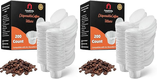 200 Count Fanativita K Cup Filters Disposable with Genius Lid Design, Fit All Reusable K Cups for Keurig (White) (Pack of 2)