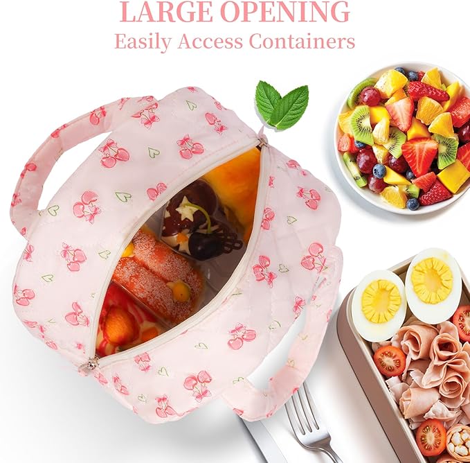 Quilted Lunch Box for Women,Coquette Aesthetic Lunch Box for Teen Girls,Cute Floral Lunch Bags for Work, School,Office,Picnic,Travel (cherry heart)