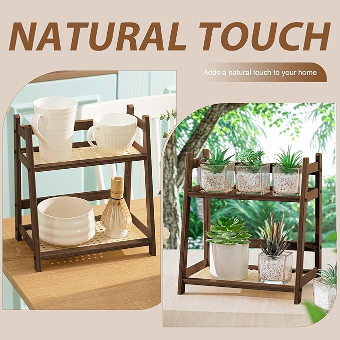1 Pcs 2 Tier Matcha Station Shelf Bamboo Coffee Mug Stand Countertop Storage Rack, Double Layer Rattan Office Cup, Kitchen, Tea, Plant, Bar Accessories Condiment Display(Brown,10.2 Inch)