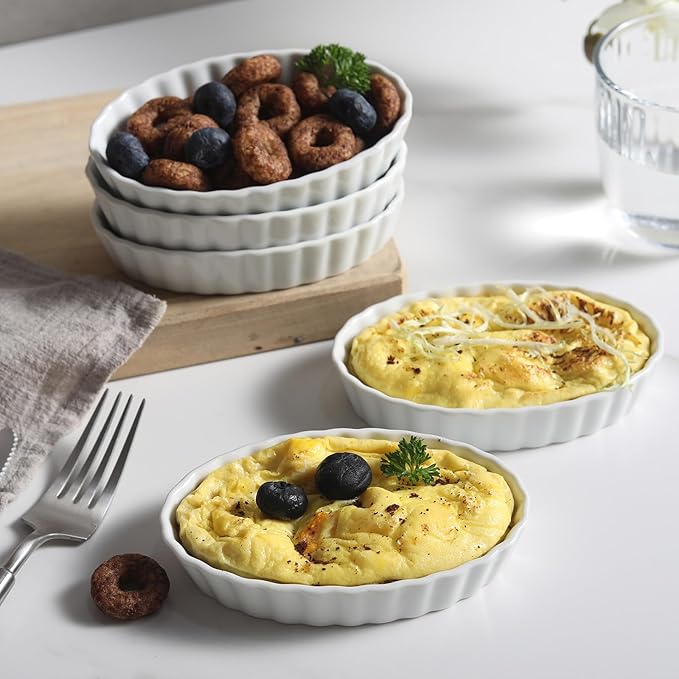 Creme Brulee Ramekins, 6 Pcs Oval Ceramic Baking Dishes, 5.2 Inch Oven Safe Baking Dishes for Souffle, Dessert, Baked Gratins, Prep Bowls for Ingredients, Dipping Sauces - Dishwasher Safe & Stackable