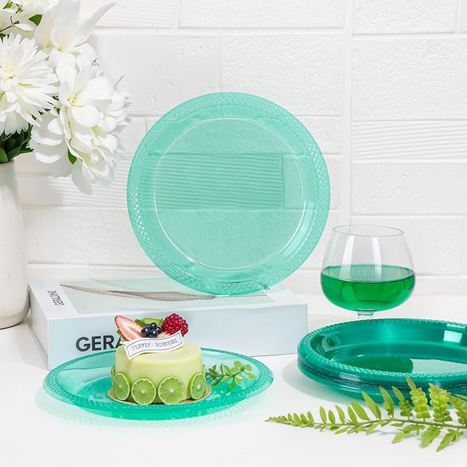 WELLIFE Teal Plastic Party Plates 7 Inch -150 Count, Translucent Green Disposable Dessert Neon Plates for Christmas Party St. Patrick's Day Easter Cake Salad Appetizers