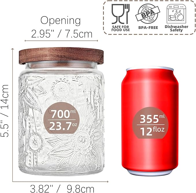 23.7 fl oz Vintage Glass Jar with Wooden Lid, Airtight Decorative Food Storage Canisters for Kitchen Counter & Pantry, Ideal for Candy, Sugar, Coffee,salt, Tea, Cereal, Flour, Oats