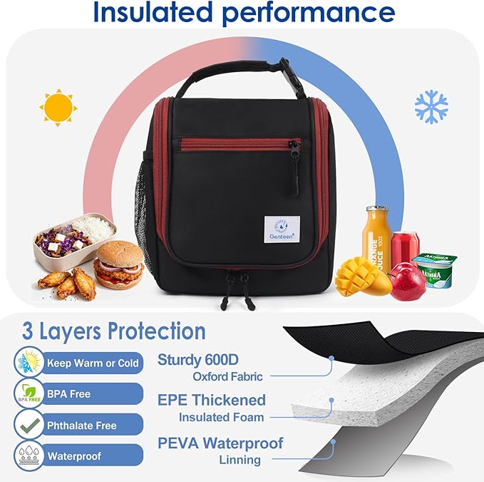 Genteen Kids Lunch Box, Insulated Lunch Bag for Kids, Toddler, Girl, and Boy; Holds Lunch Box, Water Bottle, & Snacks; Easy-Clean Water-Resistant Fabric & Multiple Zippered Pockets (Black)