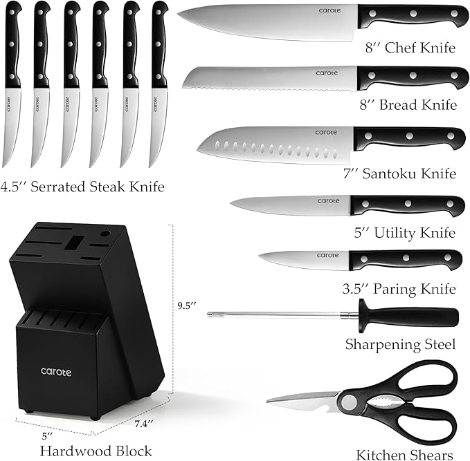 CAROTE 14 Pieces Knife Set with Block, Forged, High Carbon Stainless Steel Sharp Blade Block Knife Set, Dishwasher Safe Cutlery, Black