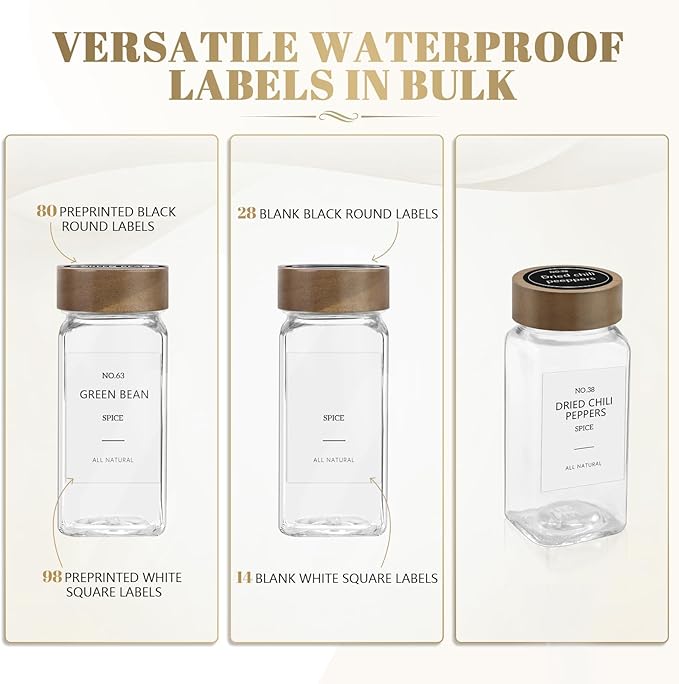 ZEHIQ 12Pcs Glass Spice Jars with Acacia Wood Lids, 4 oz Square Seasoning Containers with Labels, Seasoning Jars with Shaker Lids, Chalk Pen, Funnel, Cleaning Brush, Spice Bottles for Cabinet, Drawer