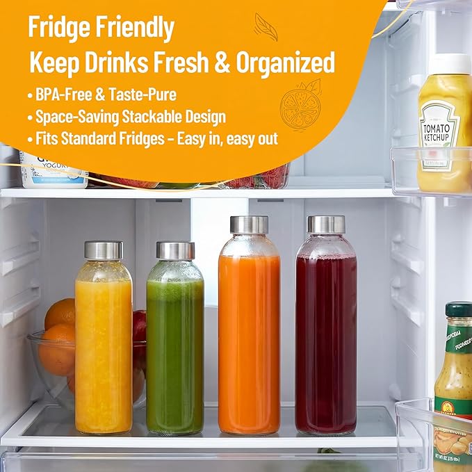 24 oz Clear Glass Bottles with Lids, Reusable Glass Water Bottles with Stainless Steel Cap for Juicing, Refrigerator,100% Leak Proof, BPA Free, Juice Water Bottle Set of 6