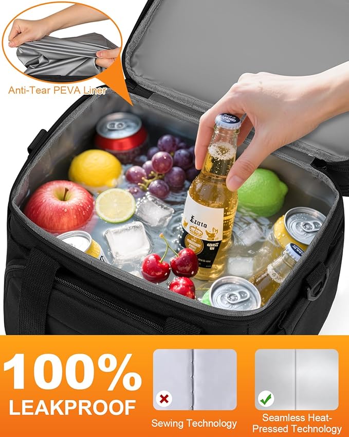 Lunch Box For Men Women Double Deck Insulated Lunch Bag For Men Woman Leakproof Expandable Cooler Bag with Adjustable Shoulder Strap for Kids Shool Work Picnic Camping(Black,Large)