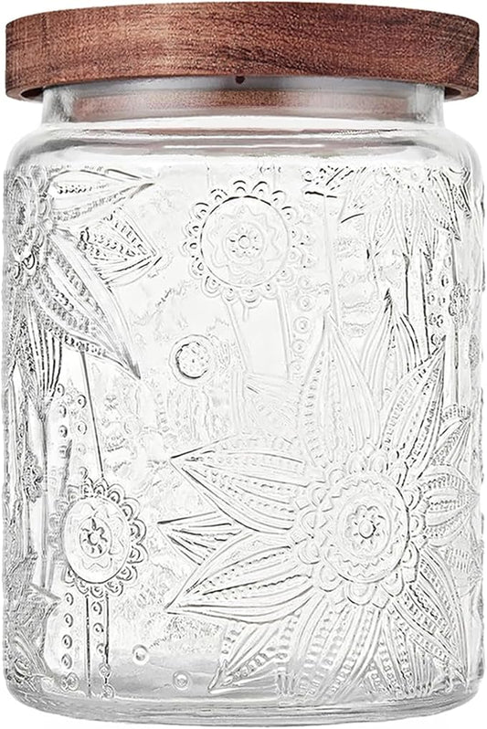 23.7 fl oz Vintage Glass Jar with Wooden Lid, Airtight Decorative Food Storage Canisters for Kitchen Counter & Pantry, Ideal for Candy, Sugar, Coffee,salt, Tea, Cereal, Flour, Oats