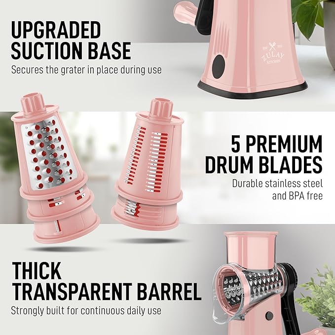 Zulay Kitchen Rotary Cheese Grater 5 Blade Cheese Shredder - Manual Hand Crank Cheese Grater With Reinforced Suction & 5 Interchangeable Drums - Easy to Use, Vegetable Chopper Round Mandoline Slicer