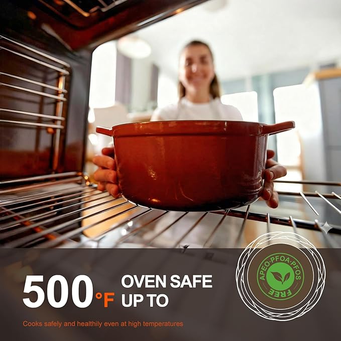 Overmont Enameled Cast Iron Dutch Oven - 5.5QT Pot with Wide Handles Lid Cookbook & Cotton Potholders - Heavy-Duty Pre-Seasoned Cookware Oven Safe to 500°F for Braising, Stews, Roasting, Bread Baking