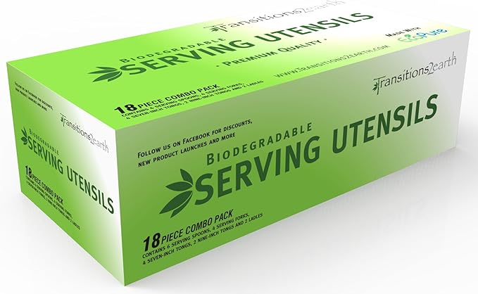 Transitions2earth Biodegradable EcoPure Economy Serving Utensils Combo Pack - 18 Count - Earth-Friendly, BPA-Free, Heavy Duty, Heat Resistant, Recyclable Utensils