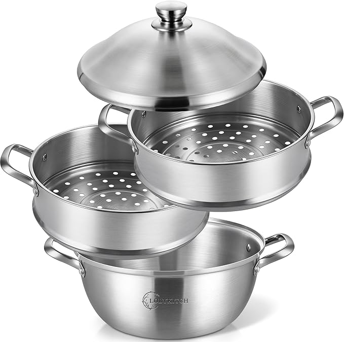 LOLYKITCH 8QT Stainless Steel Steamer Pot - 3 Tier Steamer for Cooking Dumplings & Veggies, 12 Inch Large Induction Stock Pot for All Stovetops, Heavy Duty