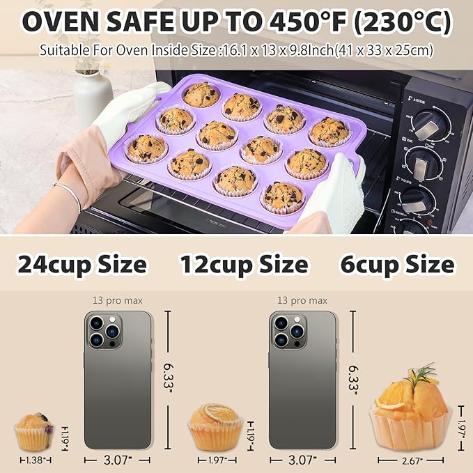 2 Pack Silicone Muffin Pan 12 and 24 Cup with Metal Frame, Non Stick Silicone Mini Cupcake Pan with Handles, BPA Free Silicon Regular Muffin Tin Tray Small for baking, egg bites, Mold Purple