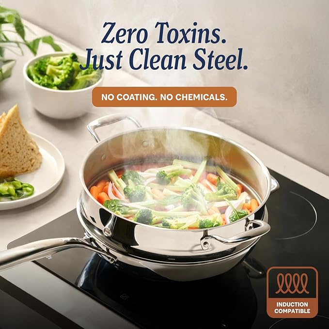 LEGEND COOKWARE 5-Ply Stainless Steel 6-Quart Stock Pot with Lid - Induction Compatible, Oven Safe 800°F - Non-Toxic, No Coatings - Even Heating, Won't Warp - Built to Last Generations