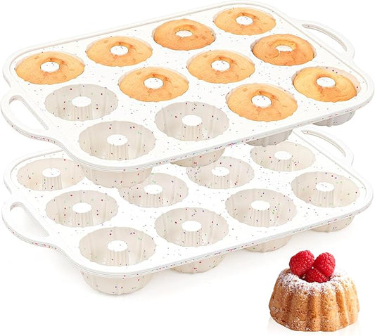 3 Inch Silicone Mini Fluted Tube Cake Pans with Metal Reinforced Frame, 12-Cavity Mini Flan Molds, Non-stick Silicone Baking Mold (2 Pc)