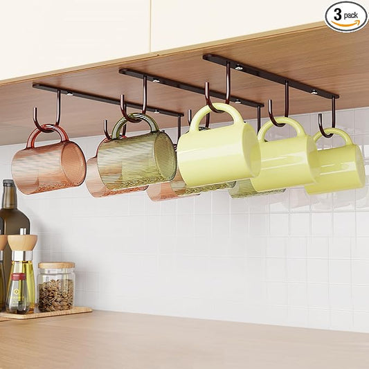 3 Pack Mug Hooks Under Cabinet, Coffee Mug Holder for Hanging Under Shelf, Cup Hanger with 9 Hooks for Displaying Mugs, Coffee Cups and Kitchen Utensils, Brown