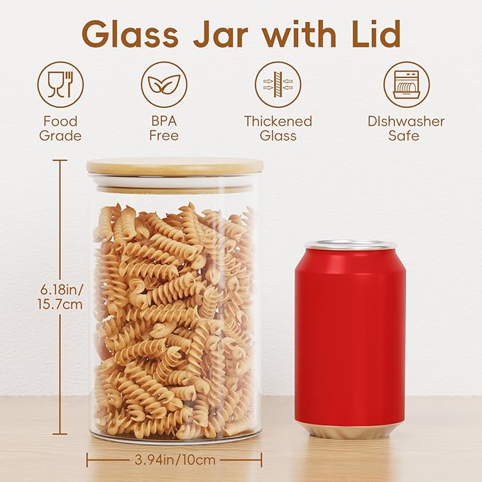 Glass Food Storage Containers with Lids,6-Pack Pantry Storage Canisters Set,32 Ounces Kitchen Jars for Flour,Sugar,Salt,Coffee Beans,Cereal,Spice,Creamer & Overnight Oats