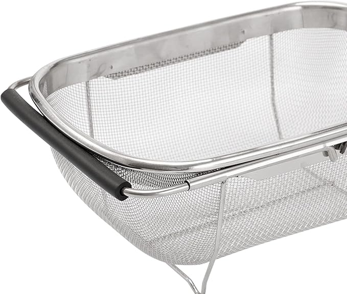 Over The Sink Colander, 4 Quarts Stainless Steel Oval Colander with Expandable Rubber Grip Handle, Fine Mesh Strainer Baskets Kitchen Colanders for Strain, Drain, Rinse Vegetable, Fruits, Black