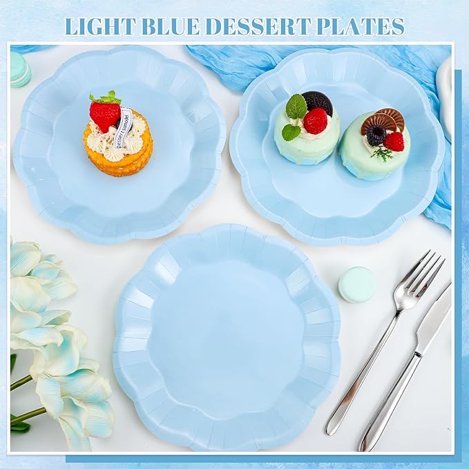 30 pcs Light Blue Plates 7 inch Scalloped Blue Dessert Cake Plates Cute Plate Disposable Party Plate for Weeding, Birthday, Baby Shower (Pack of 2)
