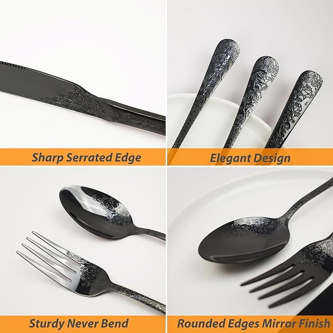 Runfly Vintage Carved Floral Black Silverware Set for 4, Stainless Steel 20-Piece Flatware Set with Knife/Fork/Spoon, Cutlery Set for Home and Kitchen, Modern Utensil Set