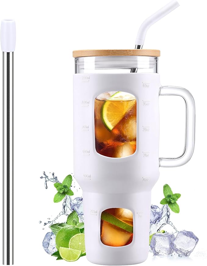 Glass Tumbler with Straw and Lid, 40 oz glass cup with handle, Glass Water Bottles with Time Marker, Silicone Protective Sleeve-White