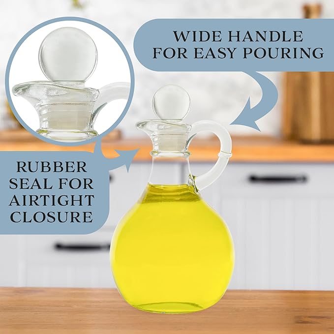 Cornucopia Brands Glass Oil and Vinegar Cruets (Set of 2); 8oz Round Oil Dispensers / Salad Dressing Bottles with Stoppers