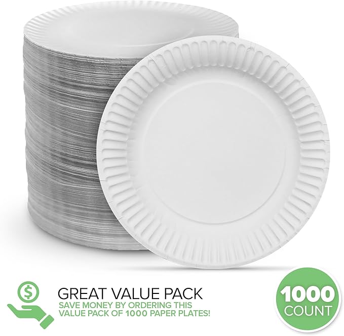 Stock Your Home 9-Inch Paper Plates Uncoated, Everyday Disposable Plates 9" Paper Plate Bulk, White, 1000 Count