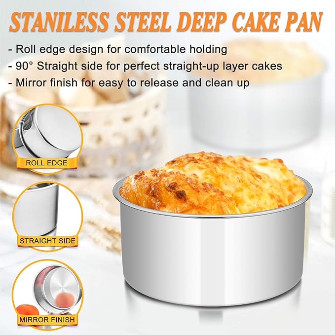 E-far Cake Pans Set of 3, 8 x 3 Inch Stainless Steel Round Cake Baking Pans, Deep Metal Cake Tins for Wedding Birthday, Non-toxic & Dishwasher Safe, Mirror Finish & Straight Side