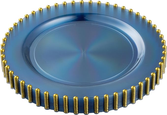 PLASTICPRO 32 Piece Combo Plastic Dinner Plates Disposable Plastic Fancy Heavy Duty Party Dishes 7 inch and 10 inch, Translucent Blue and Gold Beaded